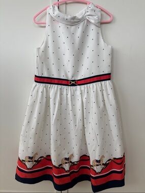 JANIE & JACK Girls White Nautical Horse-Print Dress with Red & Navy Trim - SZ 6